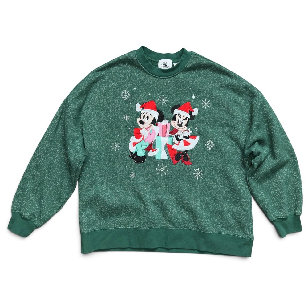 Disney Parks Santa Mickey Minnie Holiday Christmas Green Speckled Sweatshirt S
